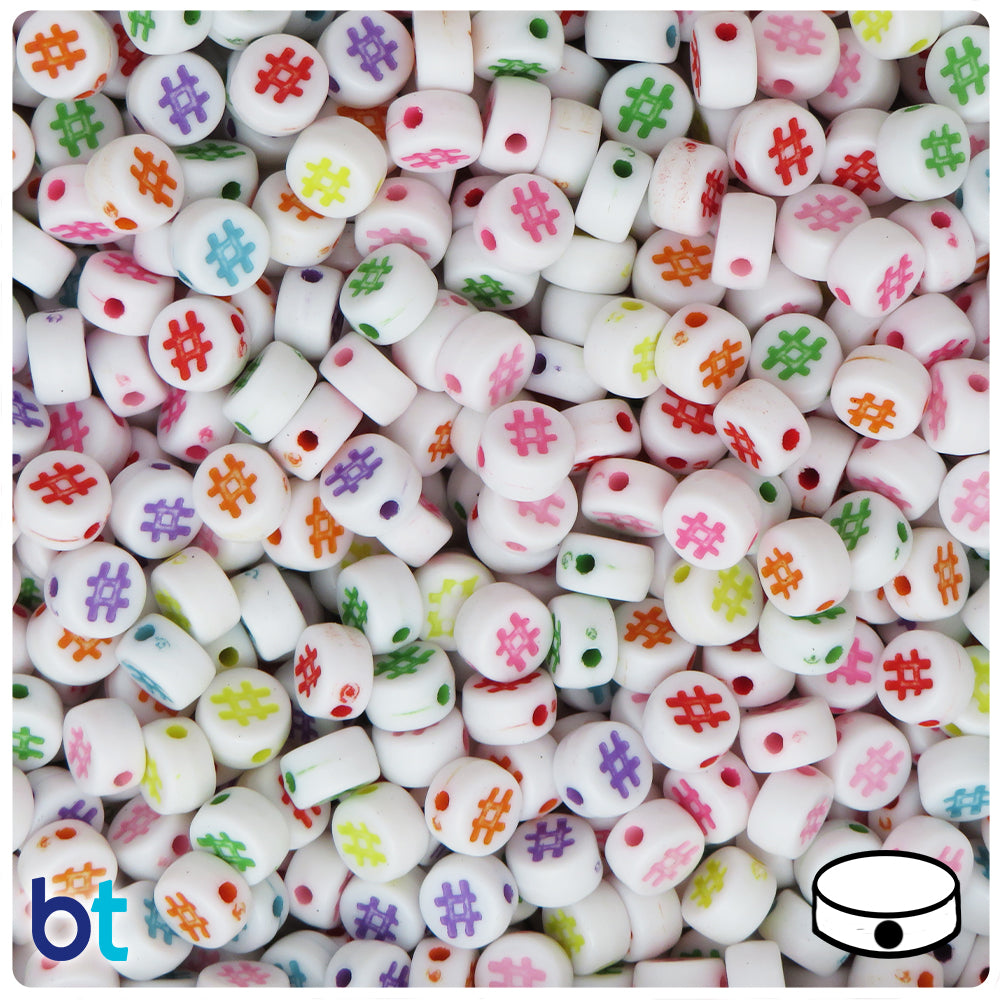 White Opaque 7mm Coin Alpha Beads - Colored Hashtags (250pcs)