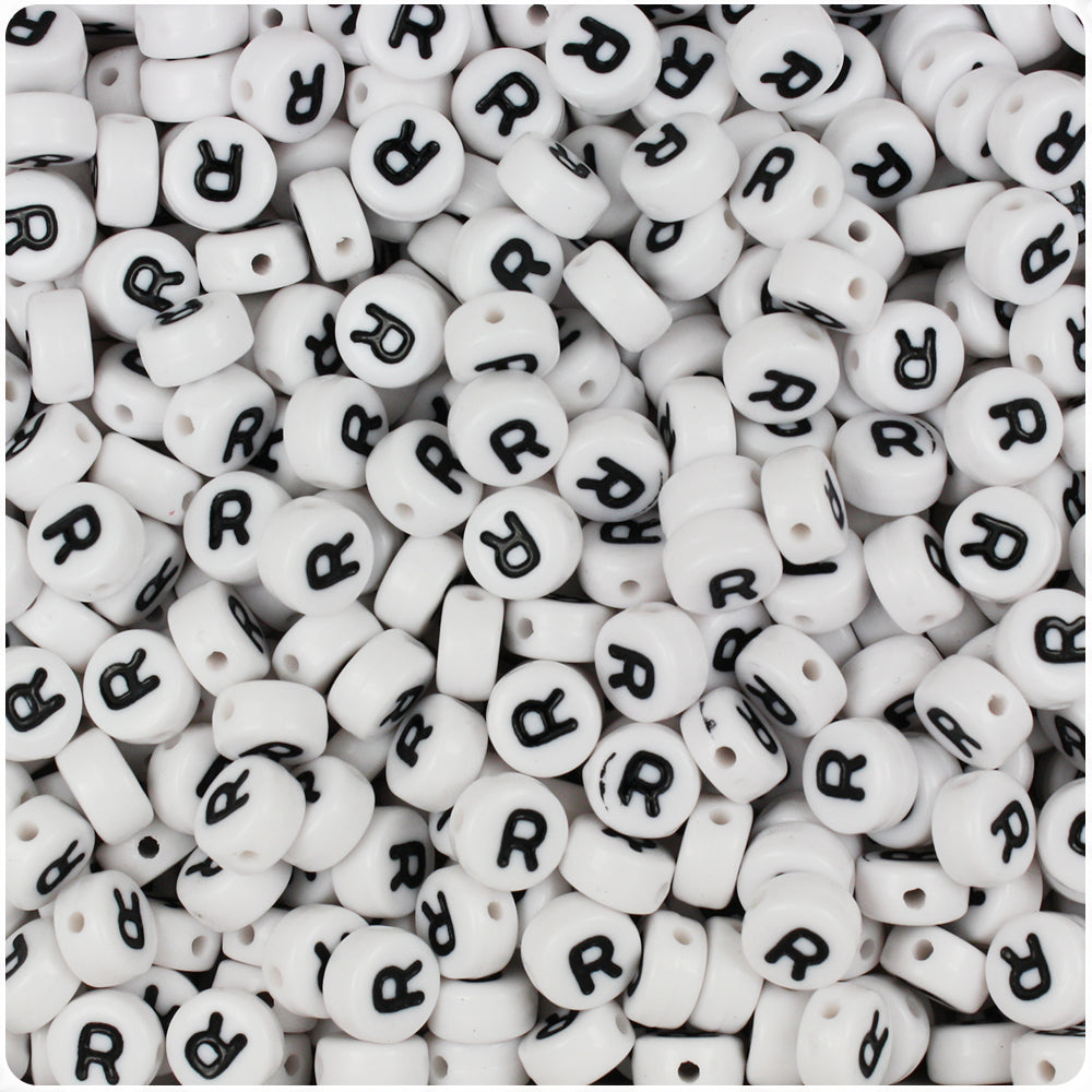 White Opaque 7mm Coin Alpha Beads - Black Letter R (100pcs)