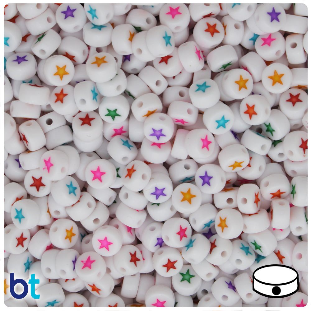 White Opaque 7mm Coin Alpha Beads - Colored Stars (250pcs)