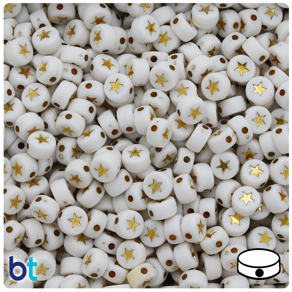 White Opaque 7mm Coin Alpha Beads - Gold Stars (250pcs)