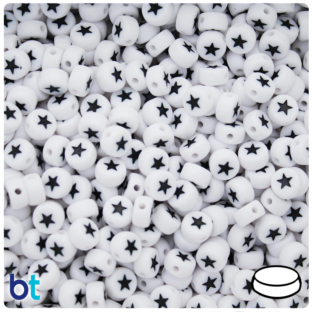 White Opaque 7mm Coin Alpha Beads - Black Stars (250pcs)