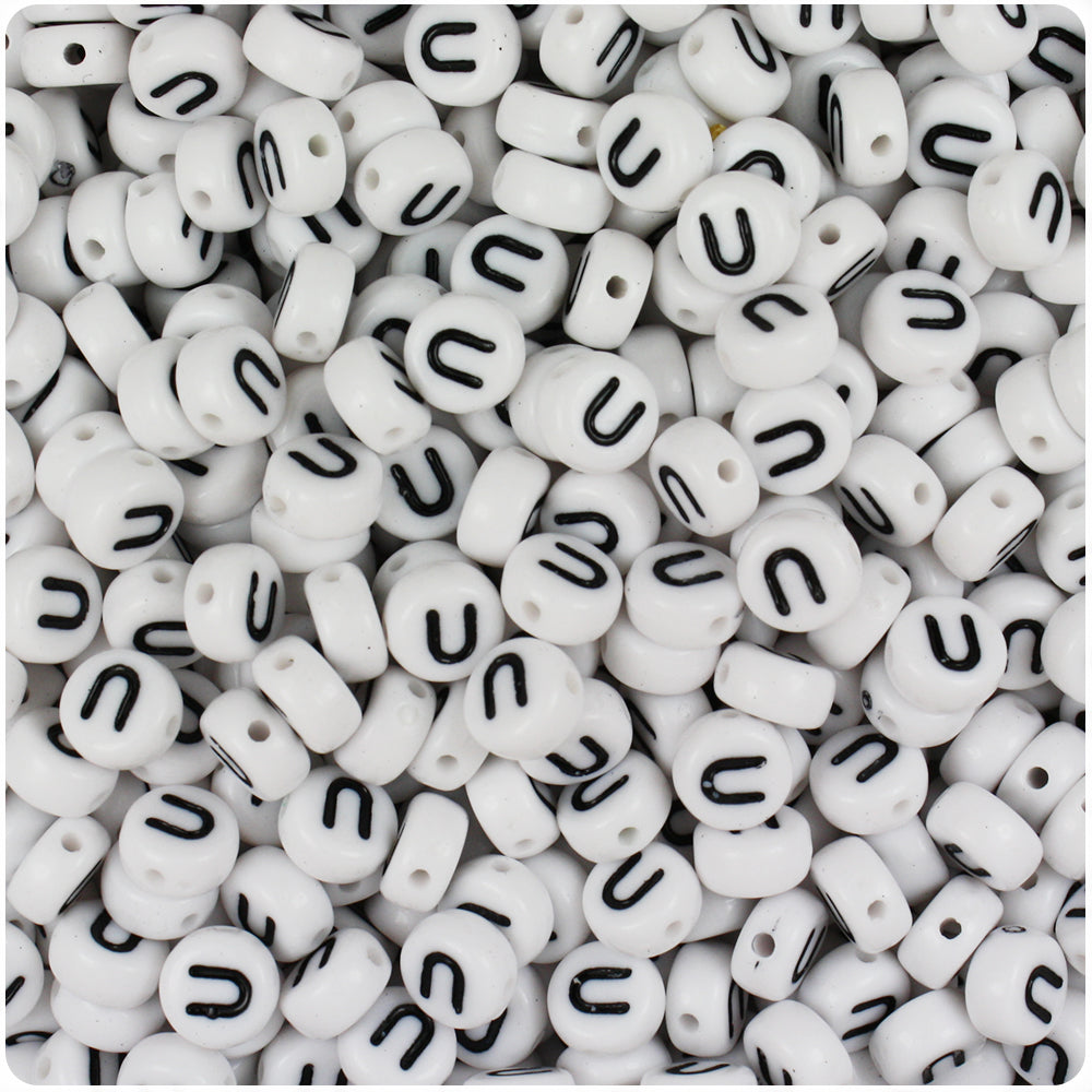 White Opaque 7mm Coin Alpha Beads - Black Letter U (100pcs)