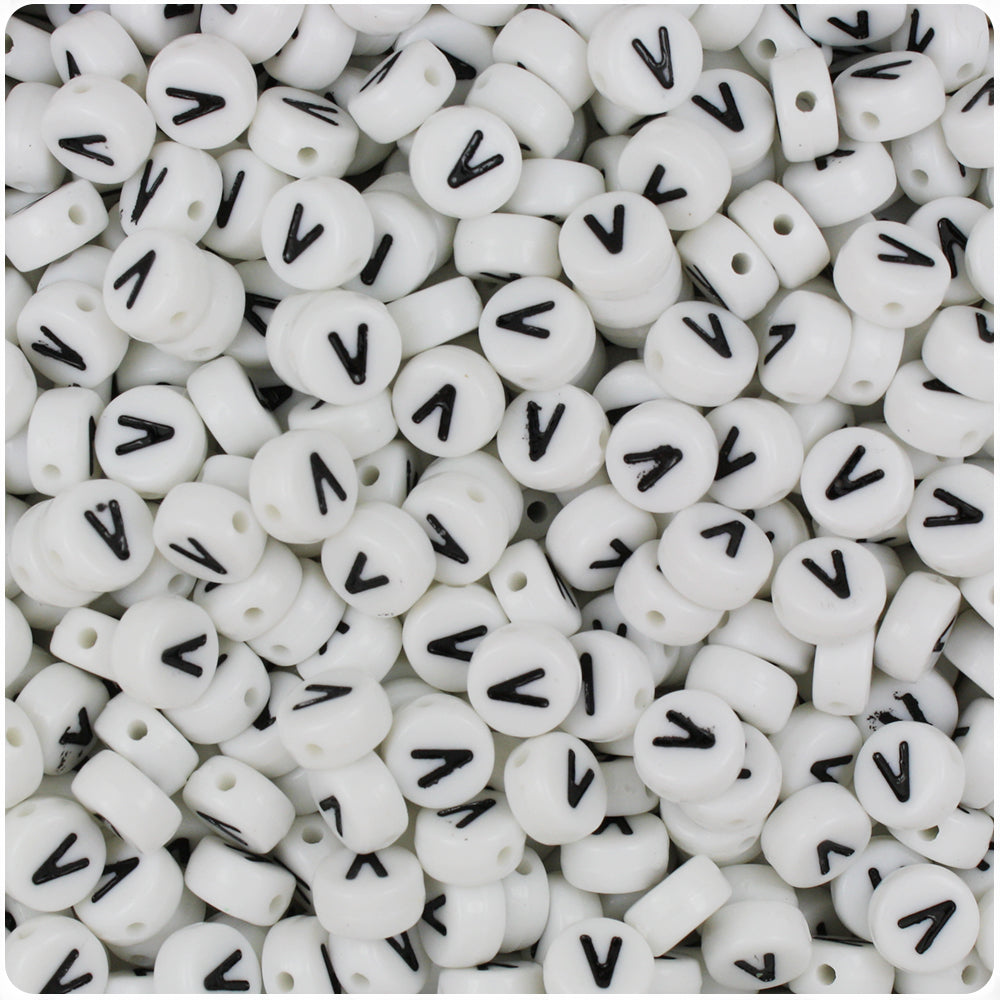 White Opaque 7mm Coin Alpha Beads - Black Letter V (100pcs)