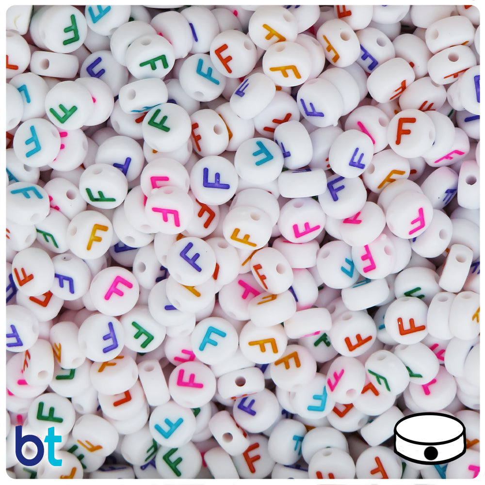 White Opaque 7mm Coin Alpha Beads - Colored Letter F (100pcs)