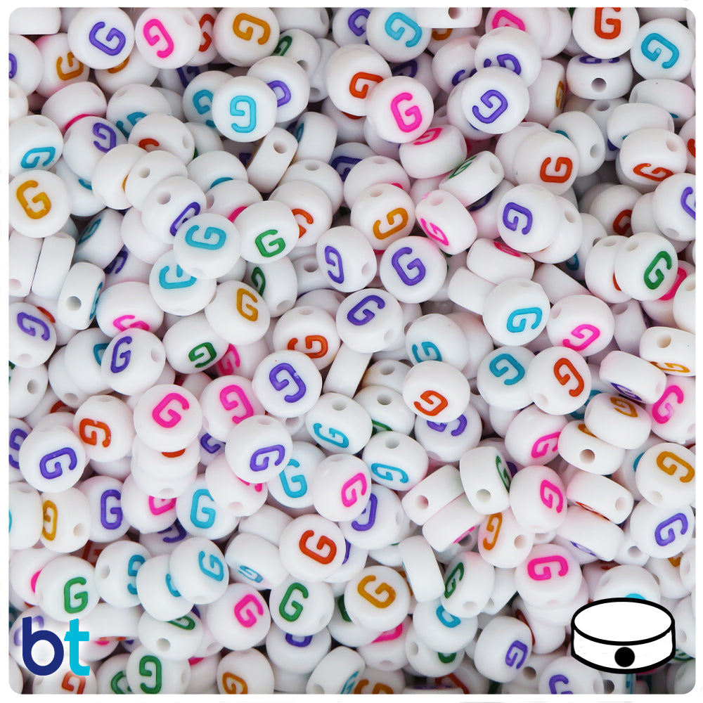White Opaque 7mm Coin Alpha Beads - Colored Letter G (100pcs)