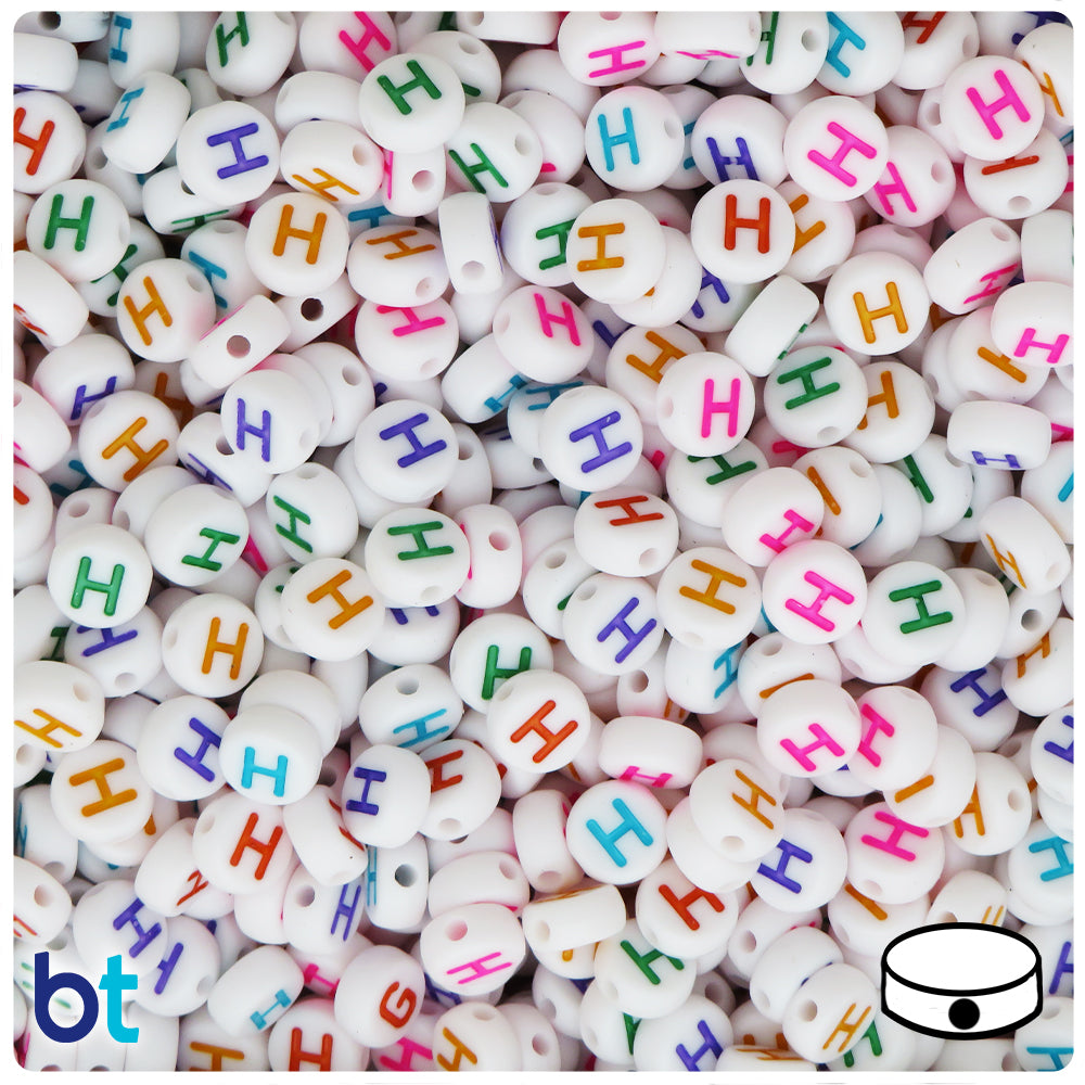 White Opaque 7mm Coin Alpha Beads - Colored Letter H (100pcs)