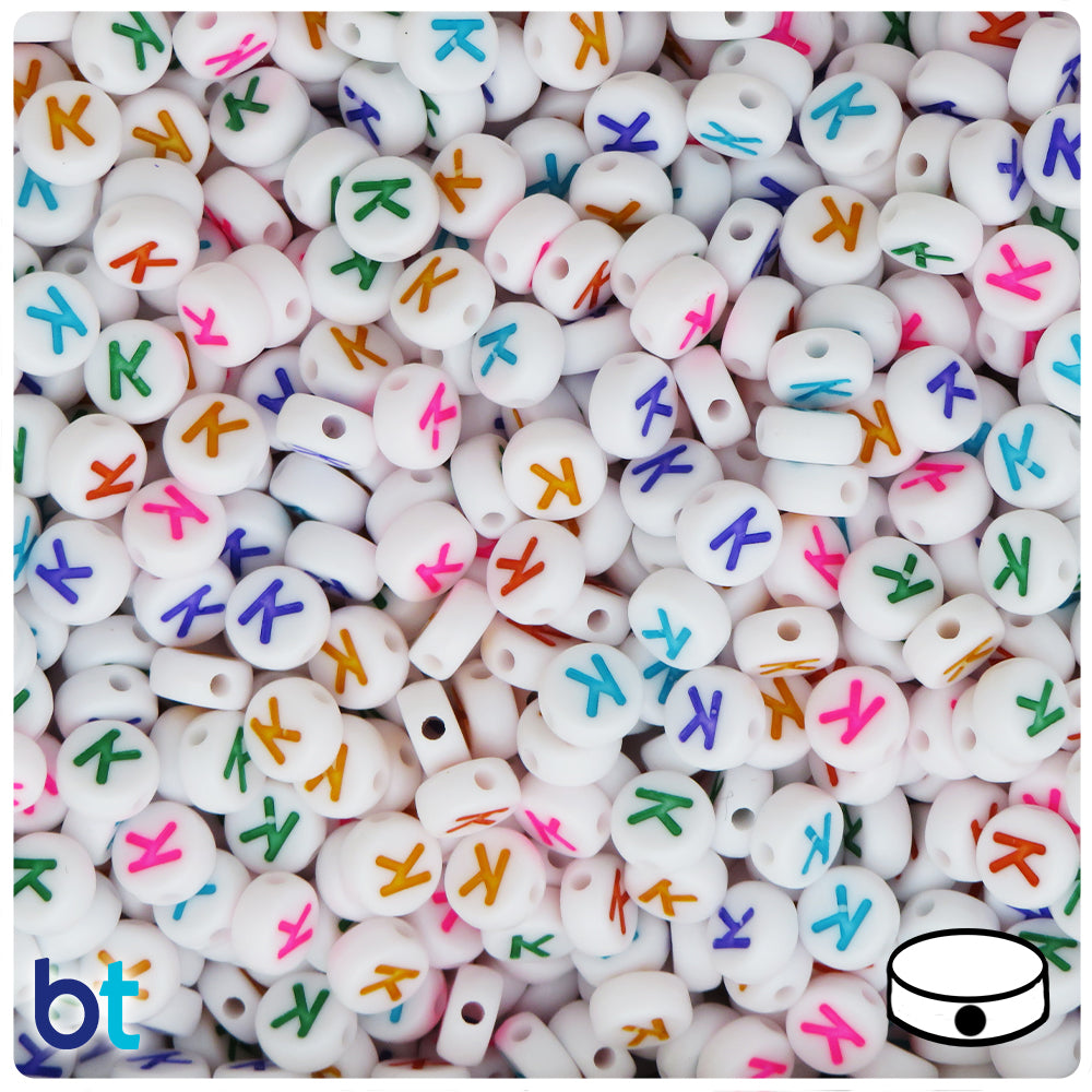 White Opaque 7mm Coin Alpha Beads - Colored Letter K (100pcs)