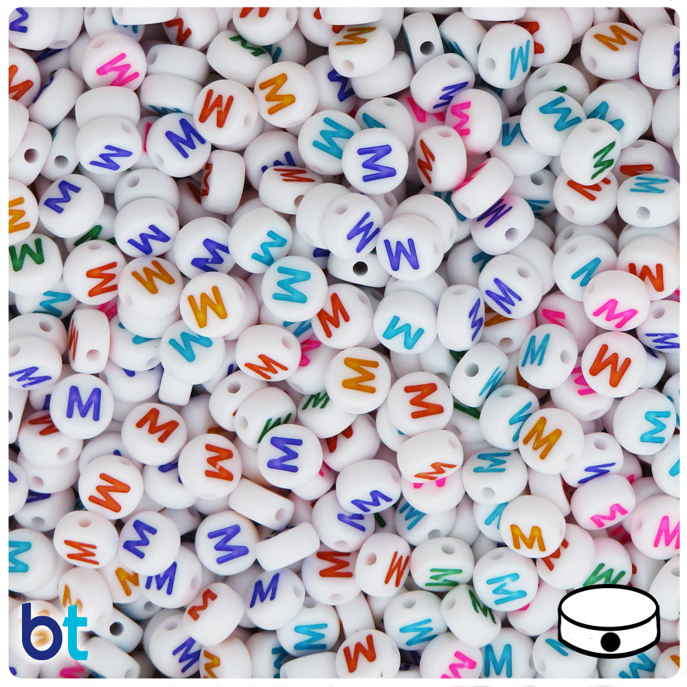 White Opaque 7mm Coin Alpha Beads - Colored Letter M (100pcs)