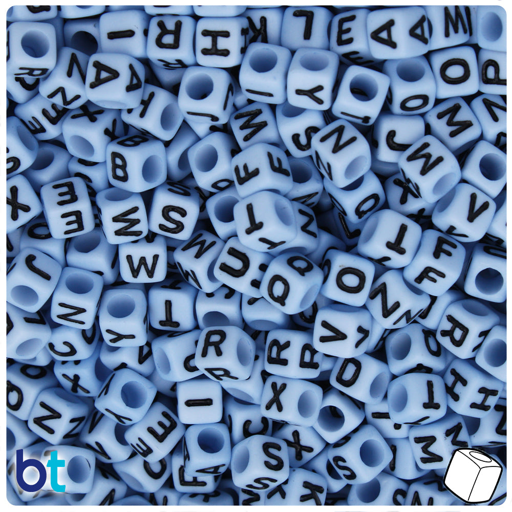 Blue Opaque 6mm Cube Alpha Beads - Black Letter Mix (200pcs)