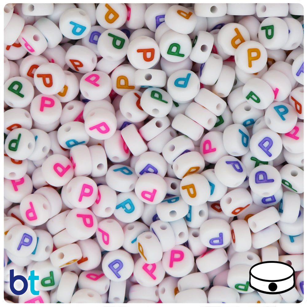 White Opaque 7mm Coin Alpha Beads - Colored Letter P (100pcs)