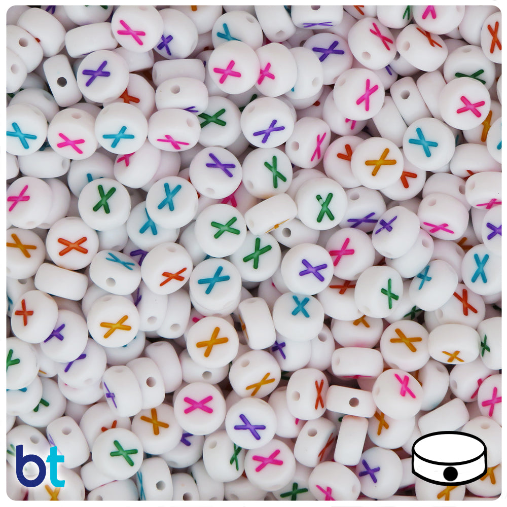 White Opaque 7mm Coin Alpha Beads - Colored Letter X (100pcs)