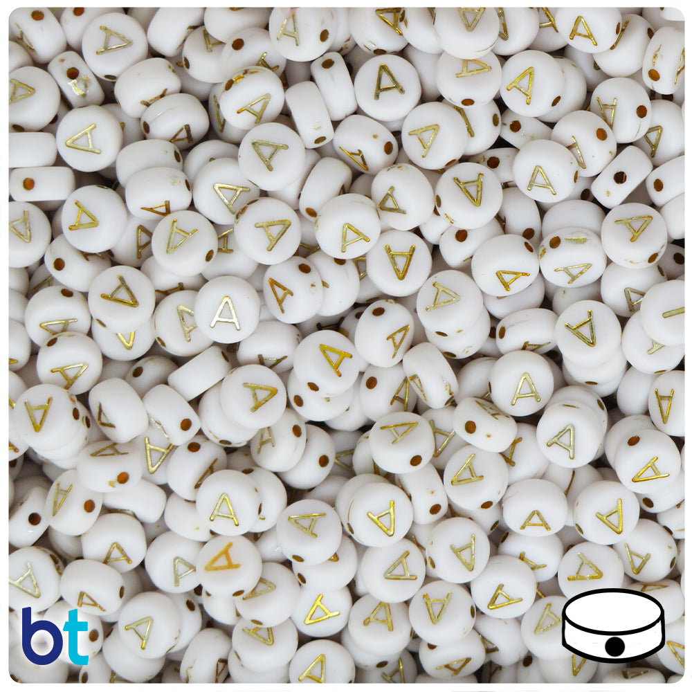 White Opaque 7mm Coin Alpha Beads - Gold Letter A (100pcs)