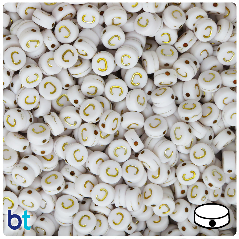 White Opaque 7mm Coin Alpha Beads - Gold Letter C (100pcs)