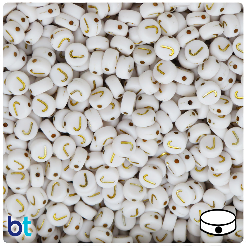 White Opaque 7mm Coin Alpha Beads - Gold Letter J (100pcs)