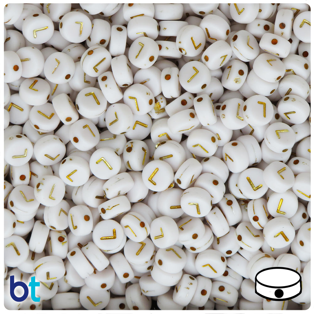 White Opaque 7mm Coin Alpha Beads - Gold Letter L (100pcs)