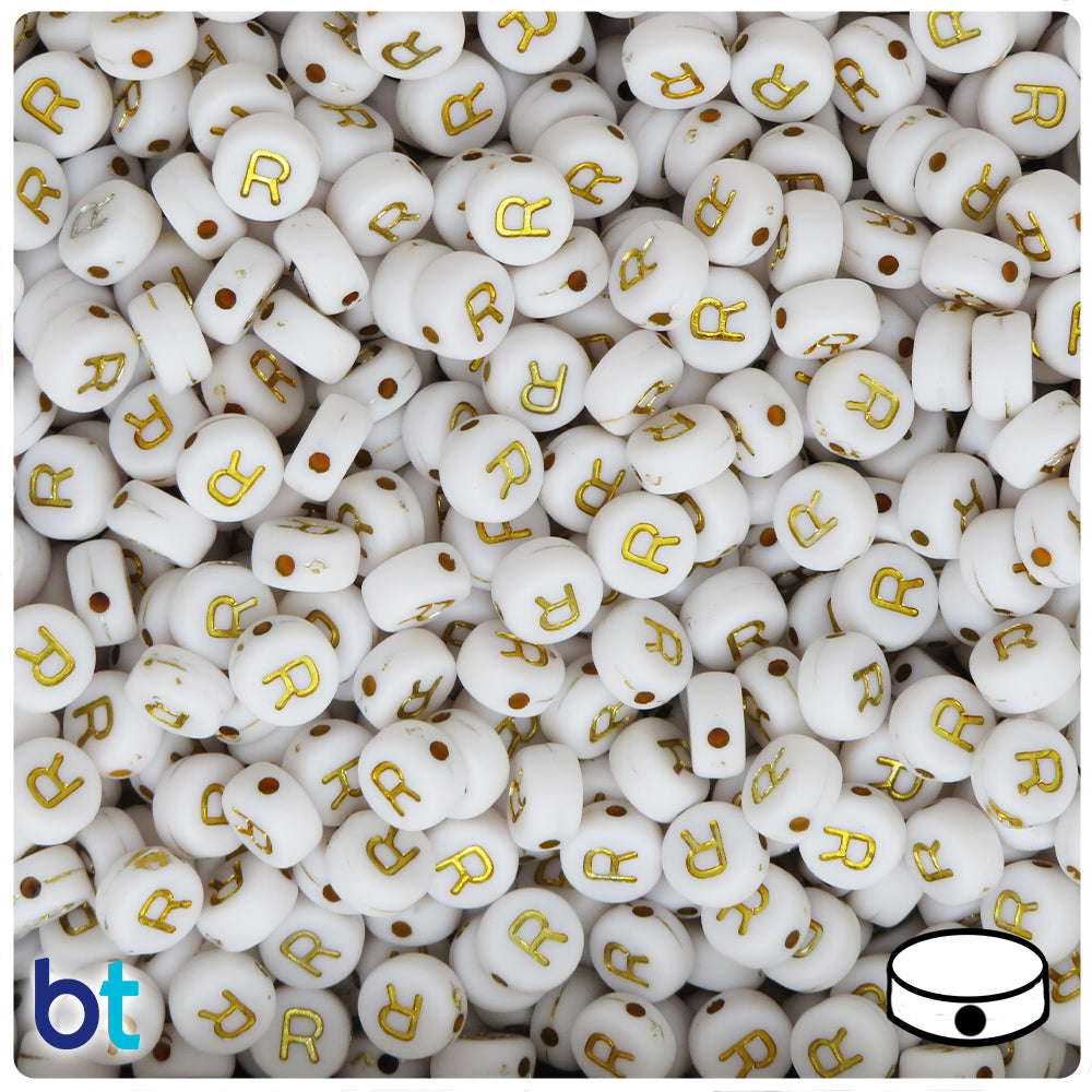 White Opaque 7mm Coin Alpha Beads - Gold Letter R (100pcs)