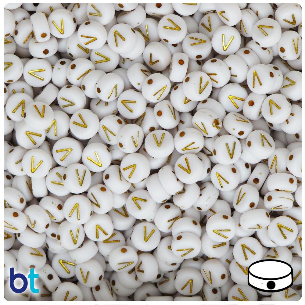 White Opaque 7mm Coin Alpha Beads - Gold Letter V (100pcs)
