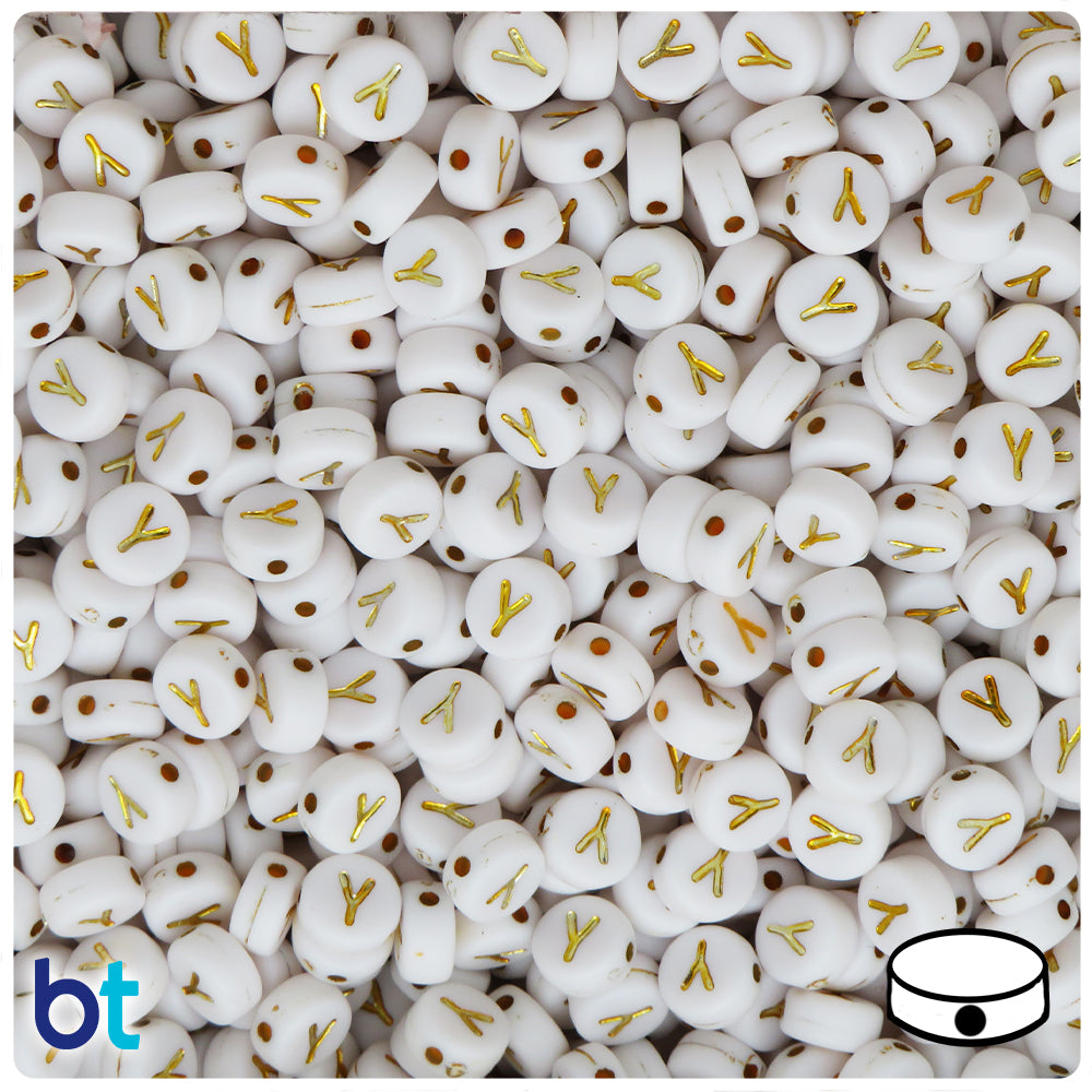 White Opaque 7mm Coin Alpha Beads - Gold Letter Y (100pcs)