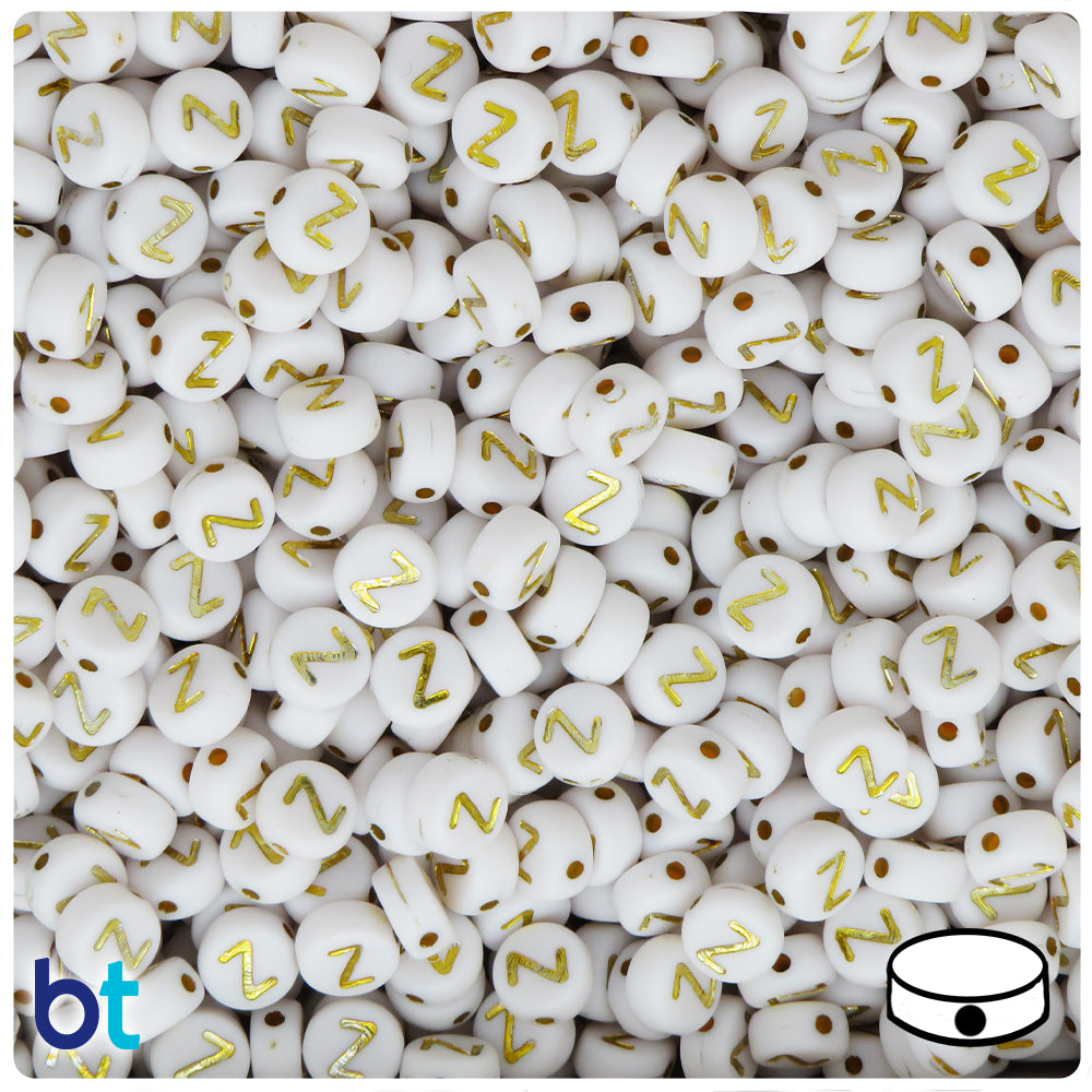 White Opaque 7mm Coin Alpha Beads - Gold Letter Z (100pcs)