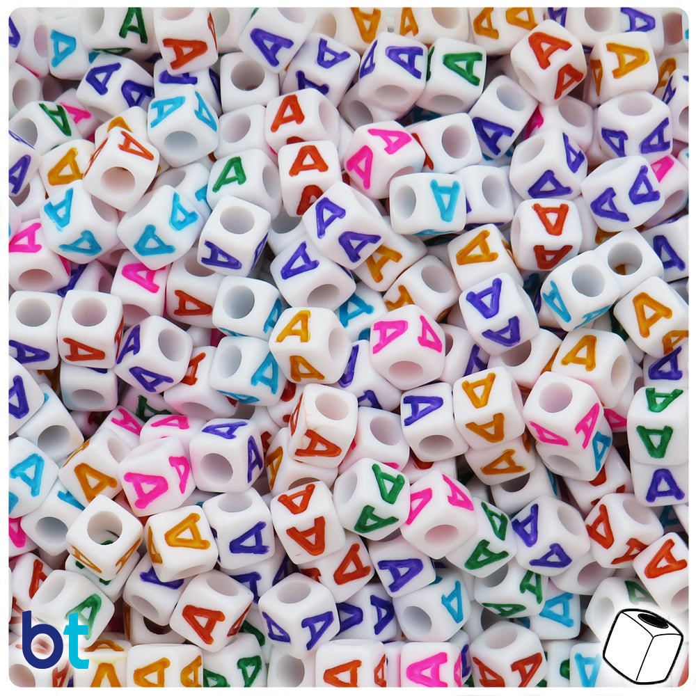 White Opaque 7mm Cube Alpha Beads - Colored Letter A (75pcs)
