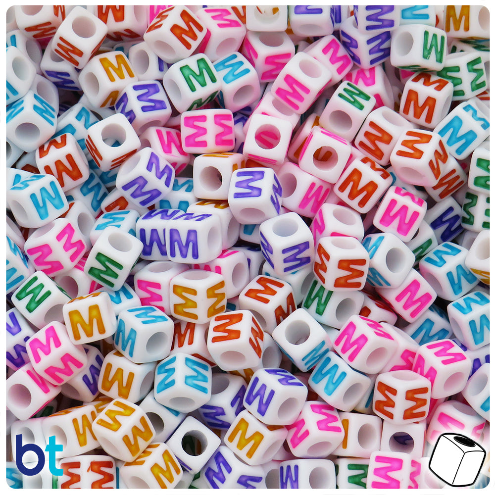 White Opaque 7mm Cube Alpha Beads - Colored Letter M (75pcs)