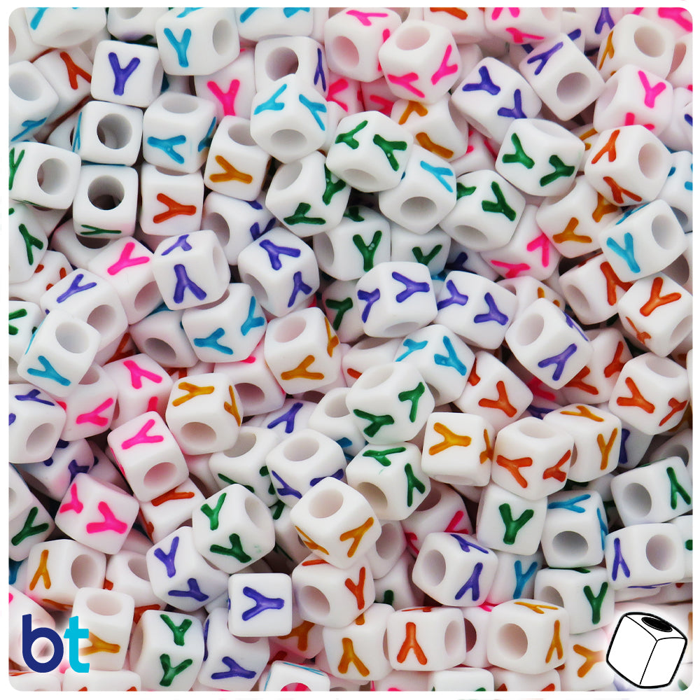 White Opaque 7mm Cube Alpha Beads - Colored Letter Y (75pcs)