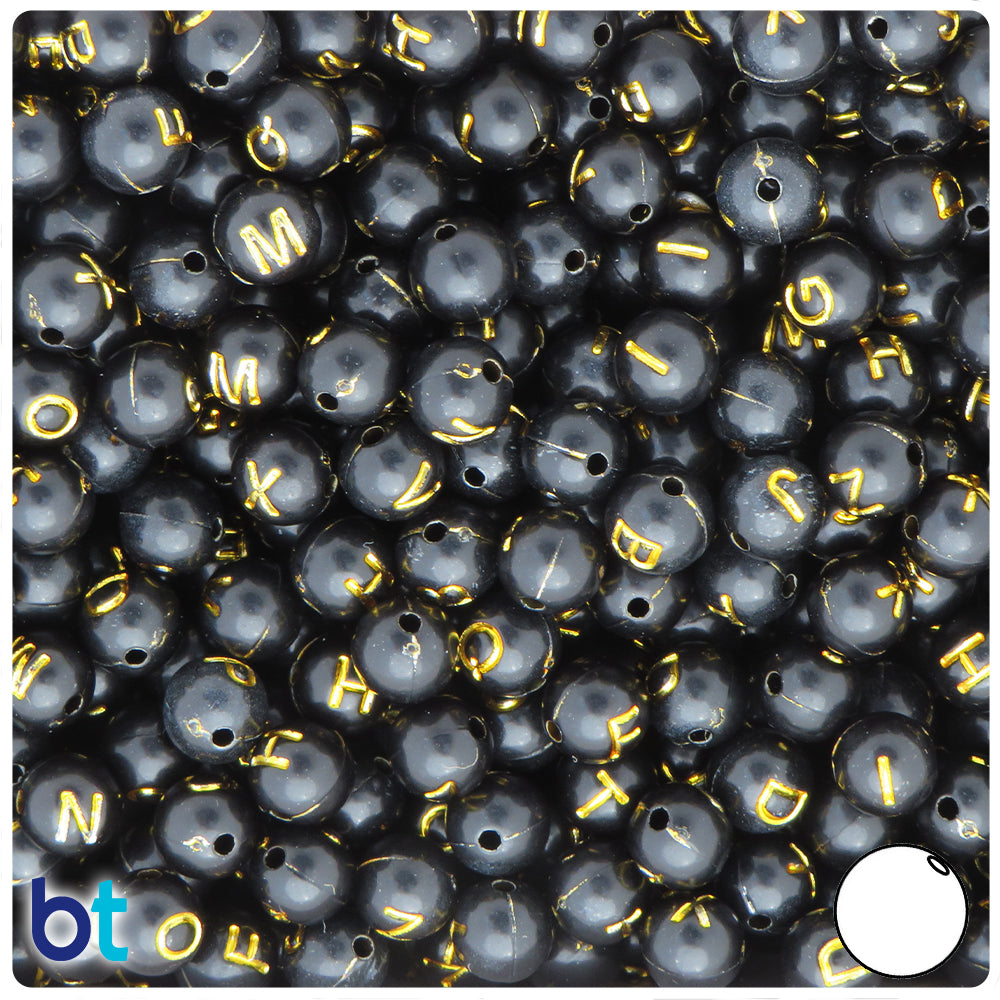 Black Opaque 8mm Round Alpha Beads - Gold Letter Mix (200pcs)