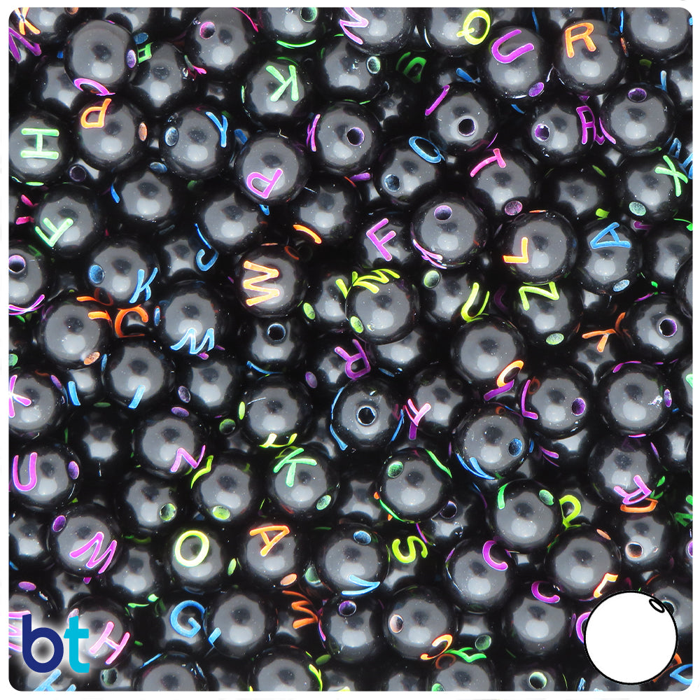 Black Opaque 8mm Round Alpha Beads - Colored Letter Mix (200pcs)