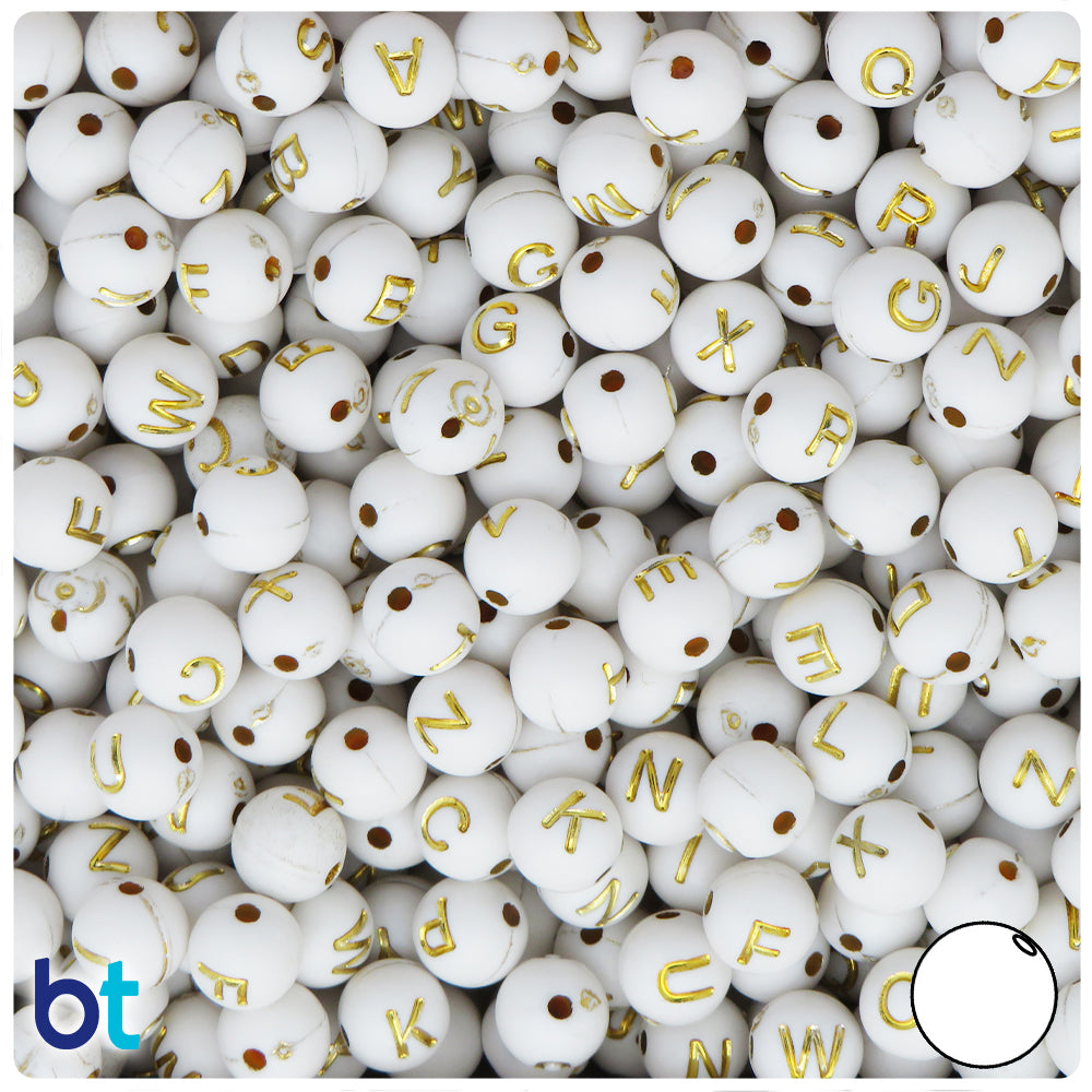 White Opaque 8mm Round Alpha Beads - Gold Letter Mix (200pcs)