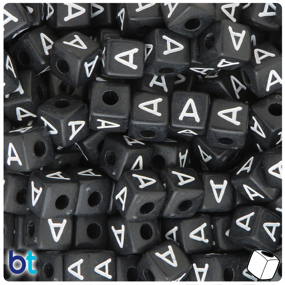 Black Opaque 10mm Cube Alpha Beads - White Letter A (20pcs)