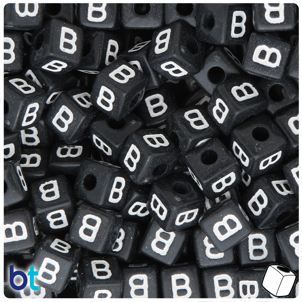 Black Opaque 10mm Cube Alpha Beads - White Letter B (20pcs)