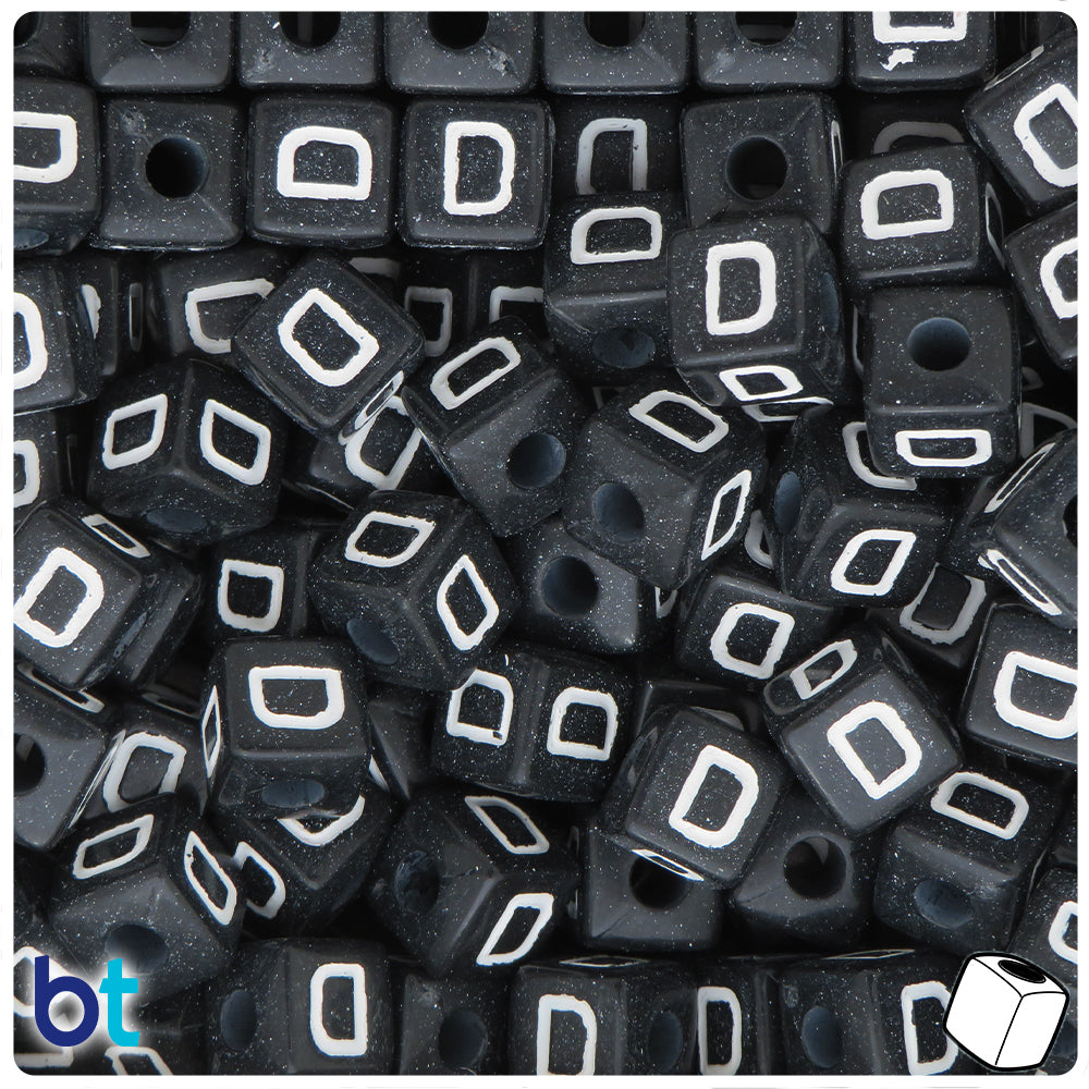 Black Opaque 10mm Cube Alpha Beads - White Letter D (20pcs)