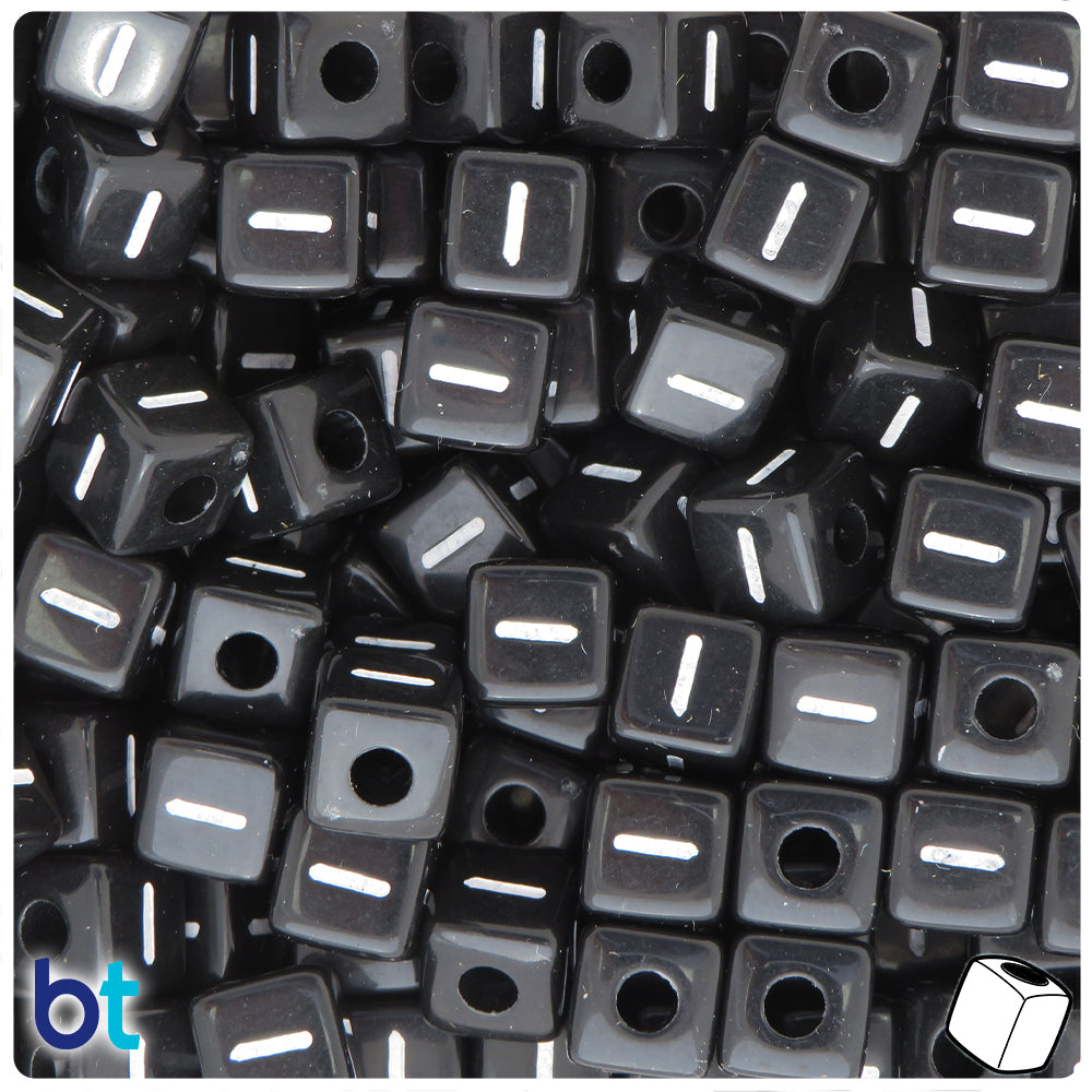 Black Opaque 10mm Cube Alpha Beads - White Letter I (20pcs)