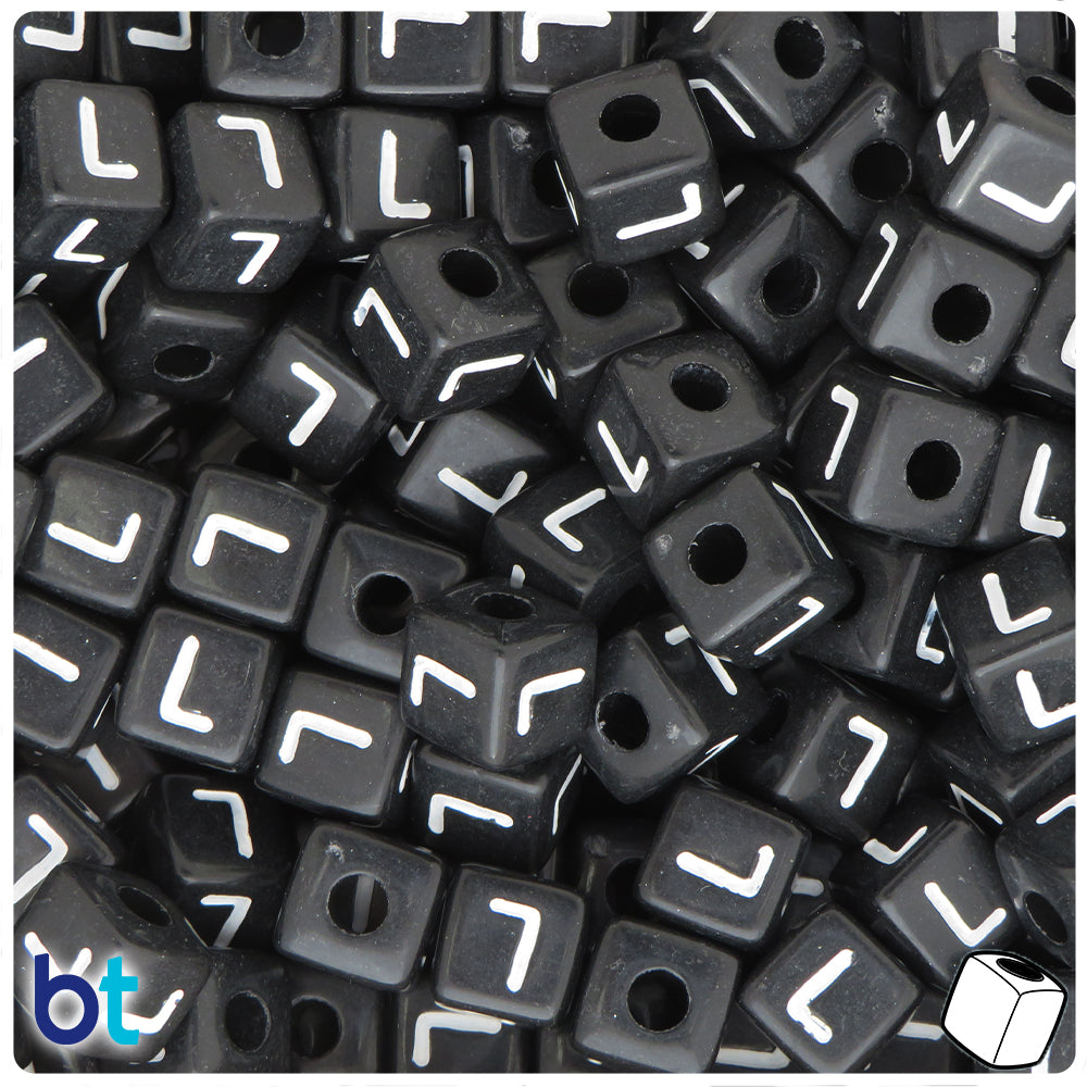 Black Opaque 10mm Cube Alpha Beads - White Letter L (20pcs)