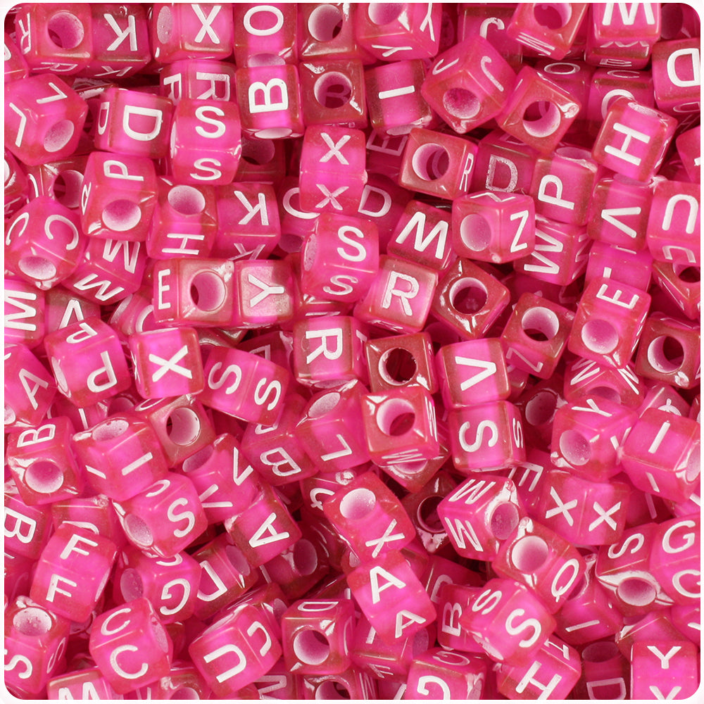 Dark Pink Transparent 6mm Cube Alpha Beads - White Letter Mix (200pcs)