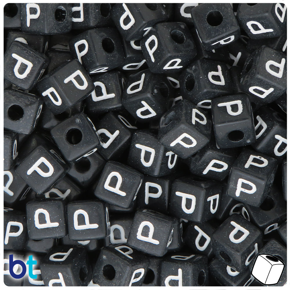 Black Opaque 10mm Cube Alpha Beads - White Letter P (20pcs)