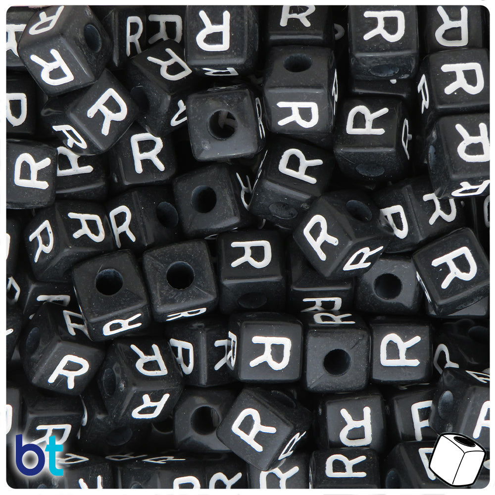 Black Opaque 10mm Cube Alpha Beads - White Letter R (20pcs)