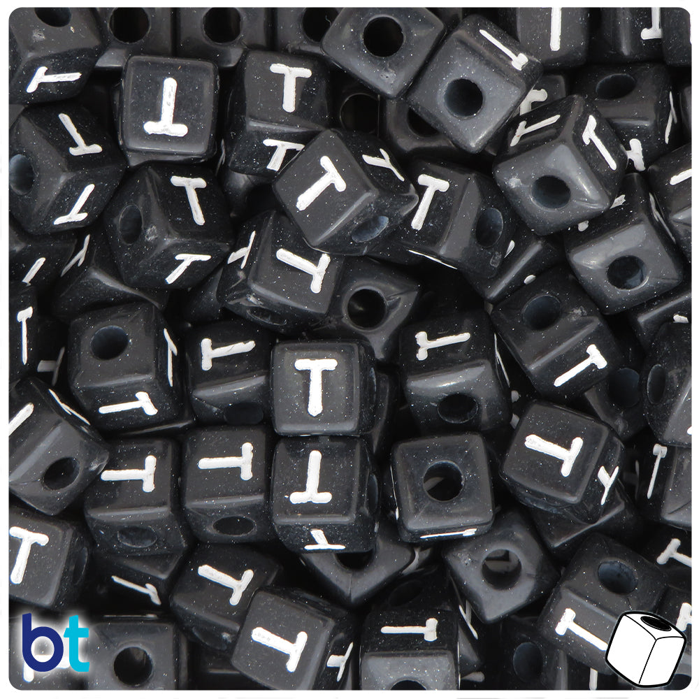 Black Opaque 10mm Cube Alpha Beads - White Letter T (20pcs)