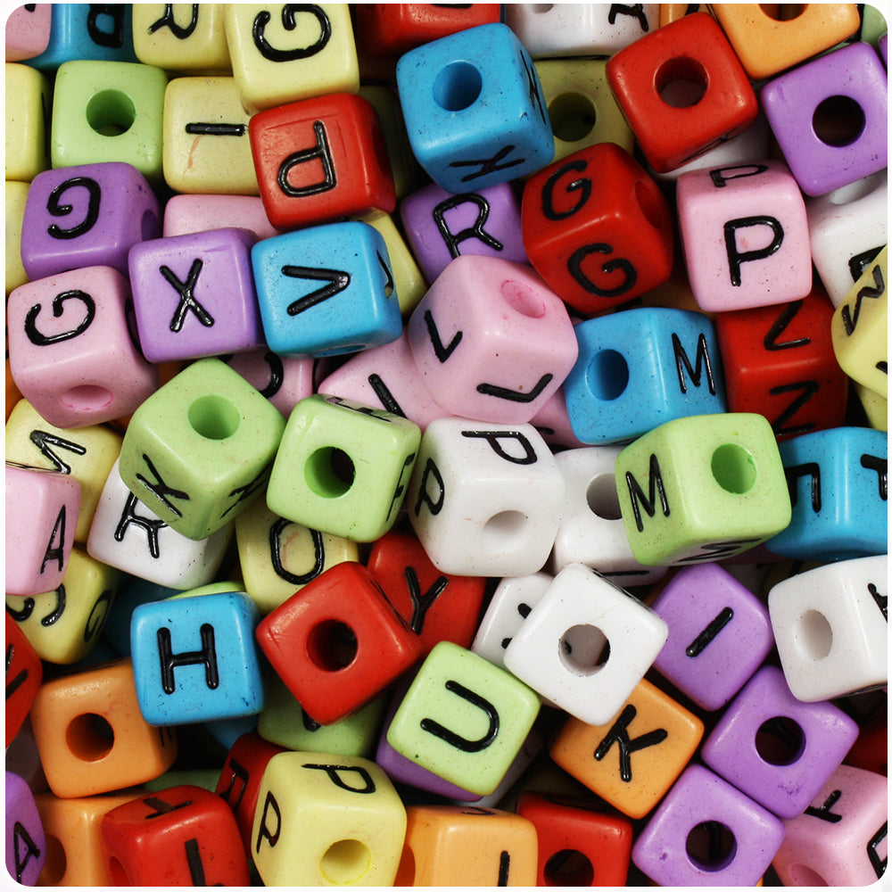 Mixed Opaque 10mm Cube Alpha Beads - Black Letter Mix (100pcs)