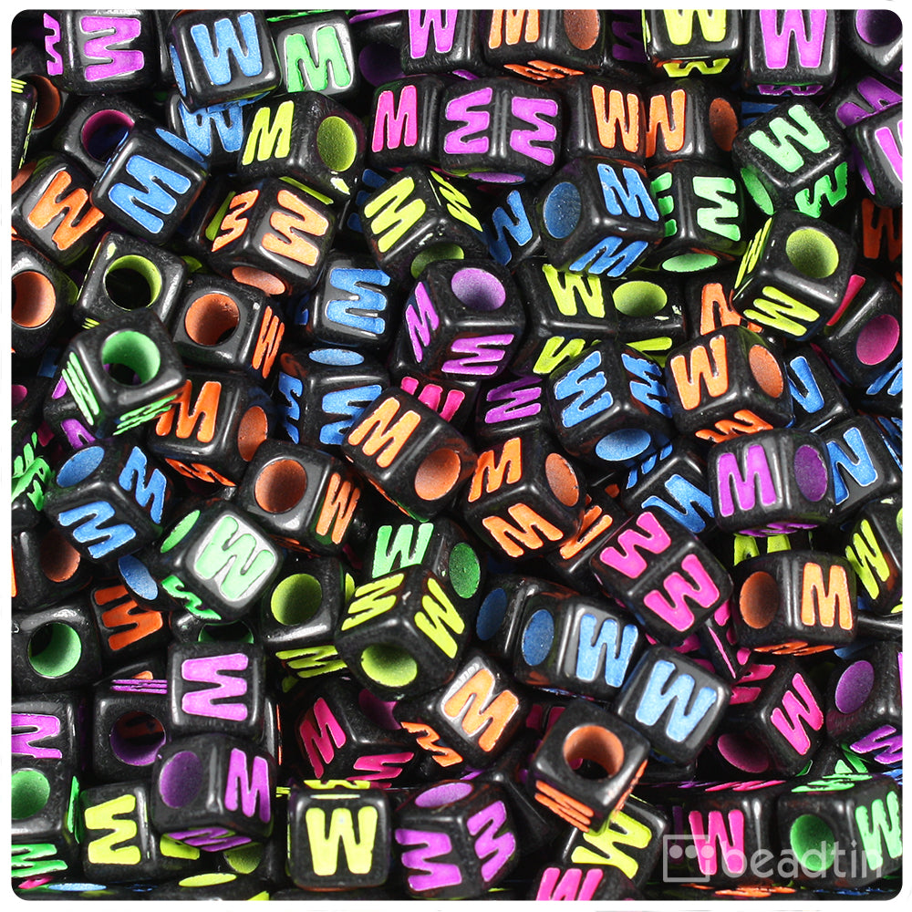Black Opaque 7mm Cube Alpha Beads - Colored Letter W (75pcs)