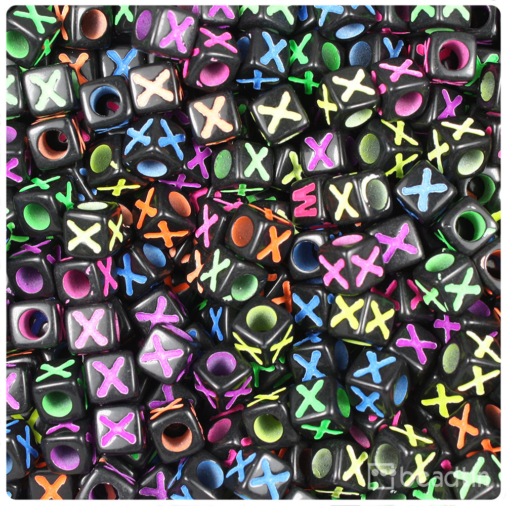 Black Opaque 7mm Cube Alpha Beads - Colored Letter X (75pcs)
