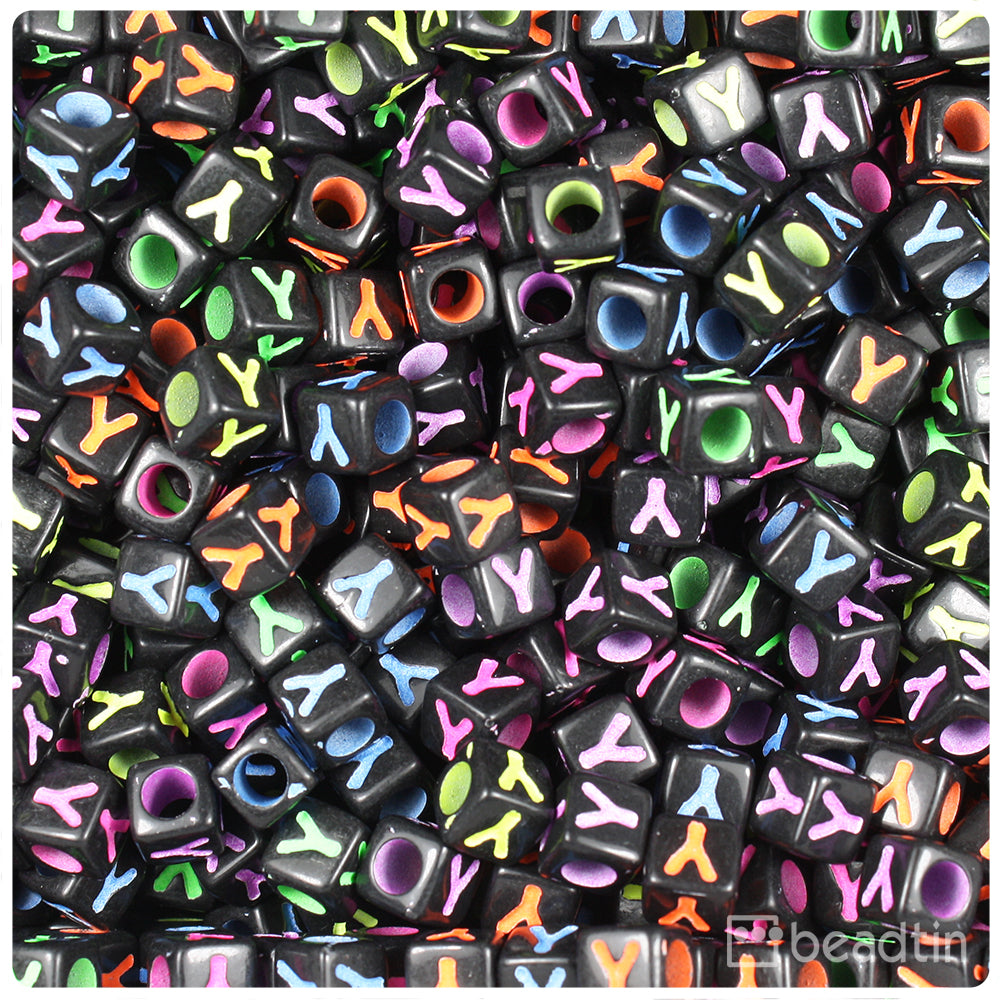 Black Opaque 7mm Cube Alpha Beads - Colored Letter Y (75pcs)