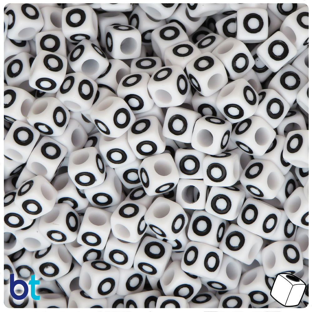 White Opaque 7mm Cube Alpha Beads - Black Letter O (75pcs)