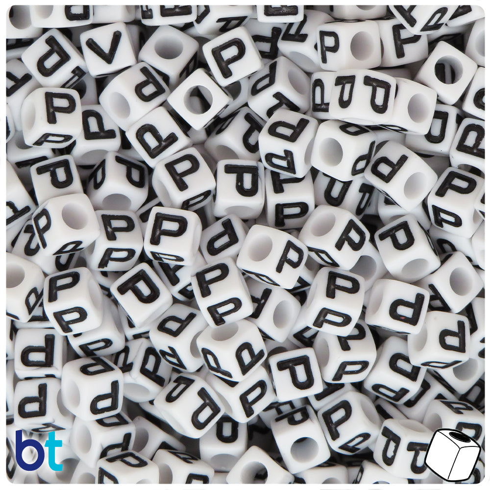 White Opaque 7mm Cube Alpha Beads - Black Letter P (75pcs)