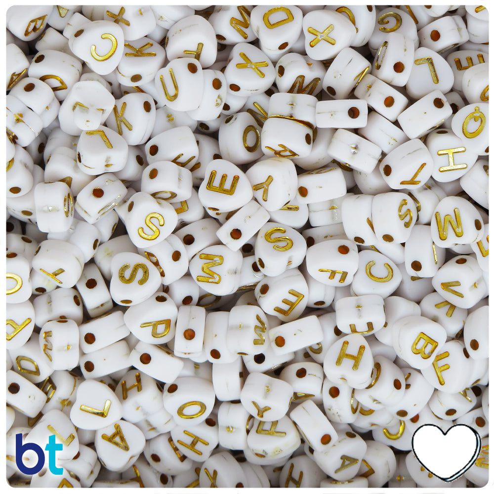 White Opaque 7mm Heart Alpha Beads - Gold Letter Mix (250pcs)