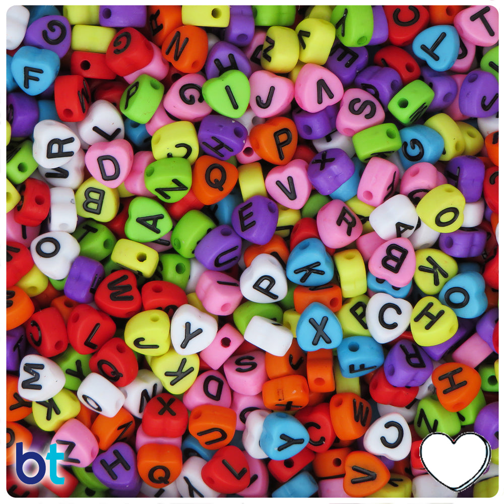 Mixed Opaque 7mm Heart Alpha Beads - Black Letter Mix (250pcs)