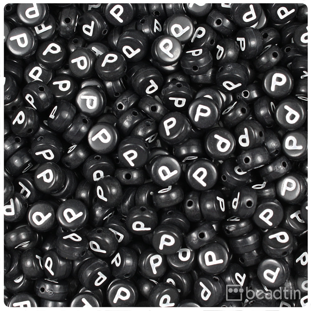 Black Opaque 7mm Coin Alpha Beads - White Letter P (100pcs)