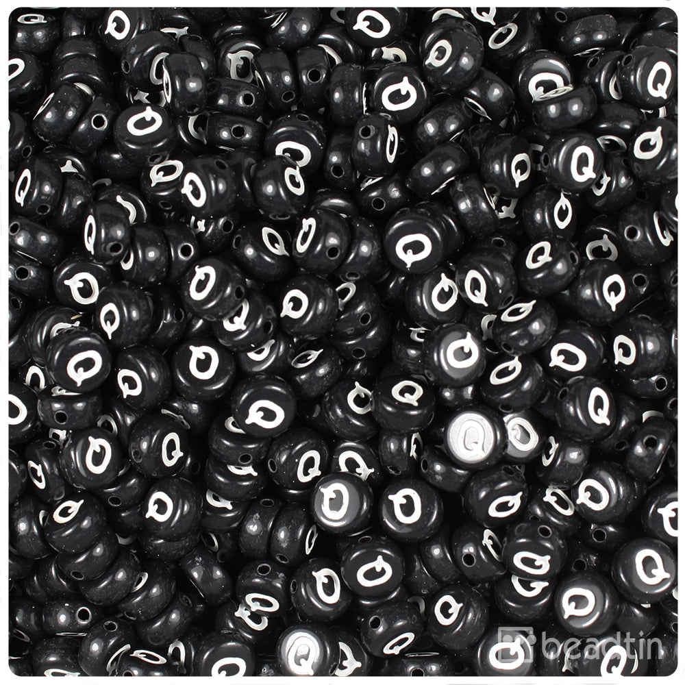 Black Opaque 7mm Coin Alpha Beads - White Letter Q (100pcs)