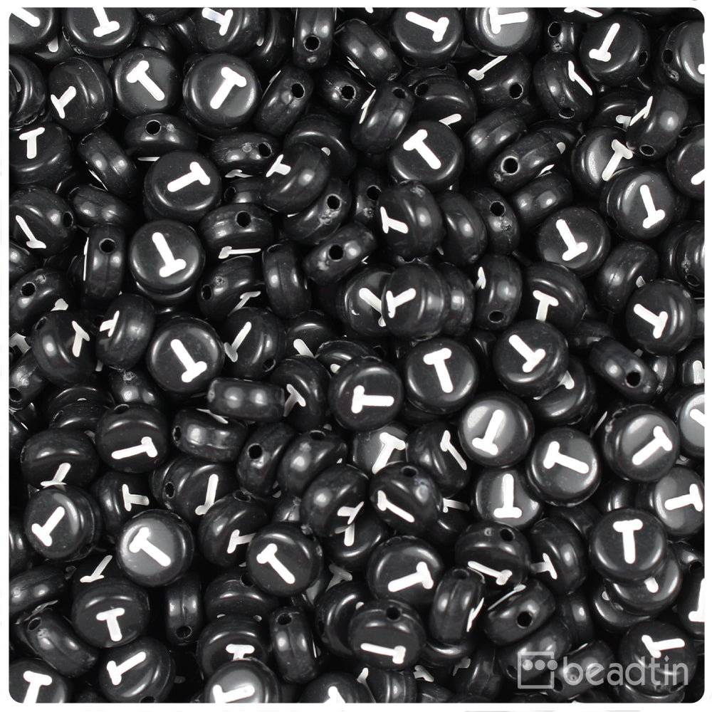 Black Opaque 7mm Coin Alpha Beads - White Letter T (100pcs)