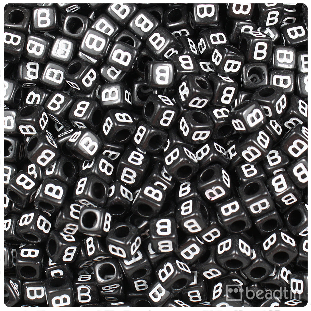 Black Opaque 6mm Cube Alpha Beads - White Letter B (80pcs)